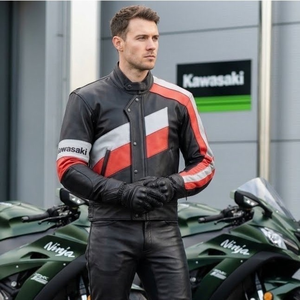 Kawasaki Hein Gericke Leather Motorcycle Jacket Men's 38 Black Red Silver